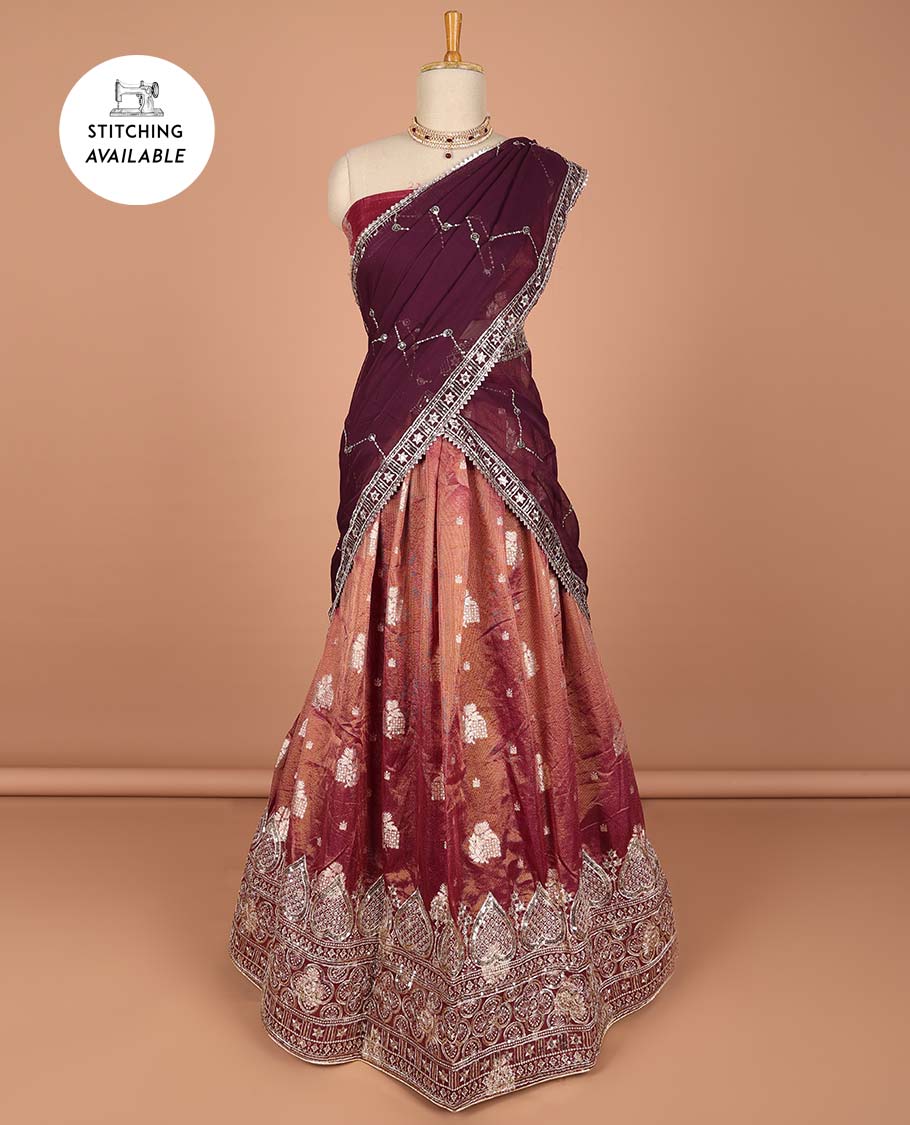Brown floral stone embroidered half saree contrast stone embroidered border , zari design blouse & intricate stone embroidery dhavani