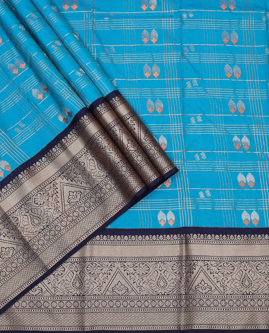 Blue art silk pavadai material set, zari design pavadai, contrast blouse & traditional zari border