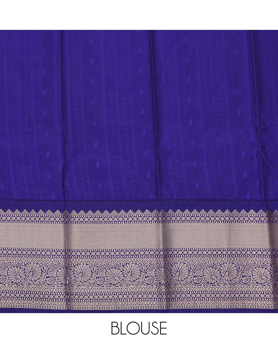 Turquoise art silk pavadai material, zari design with contrast traditional zari border skirt, and contrast blouse