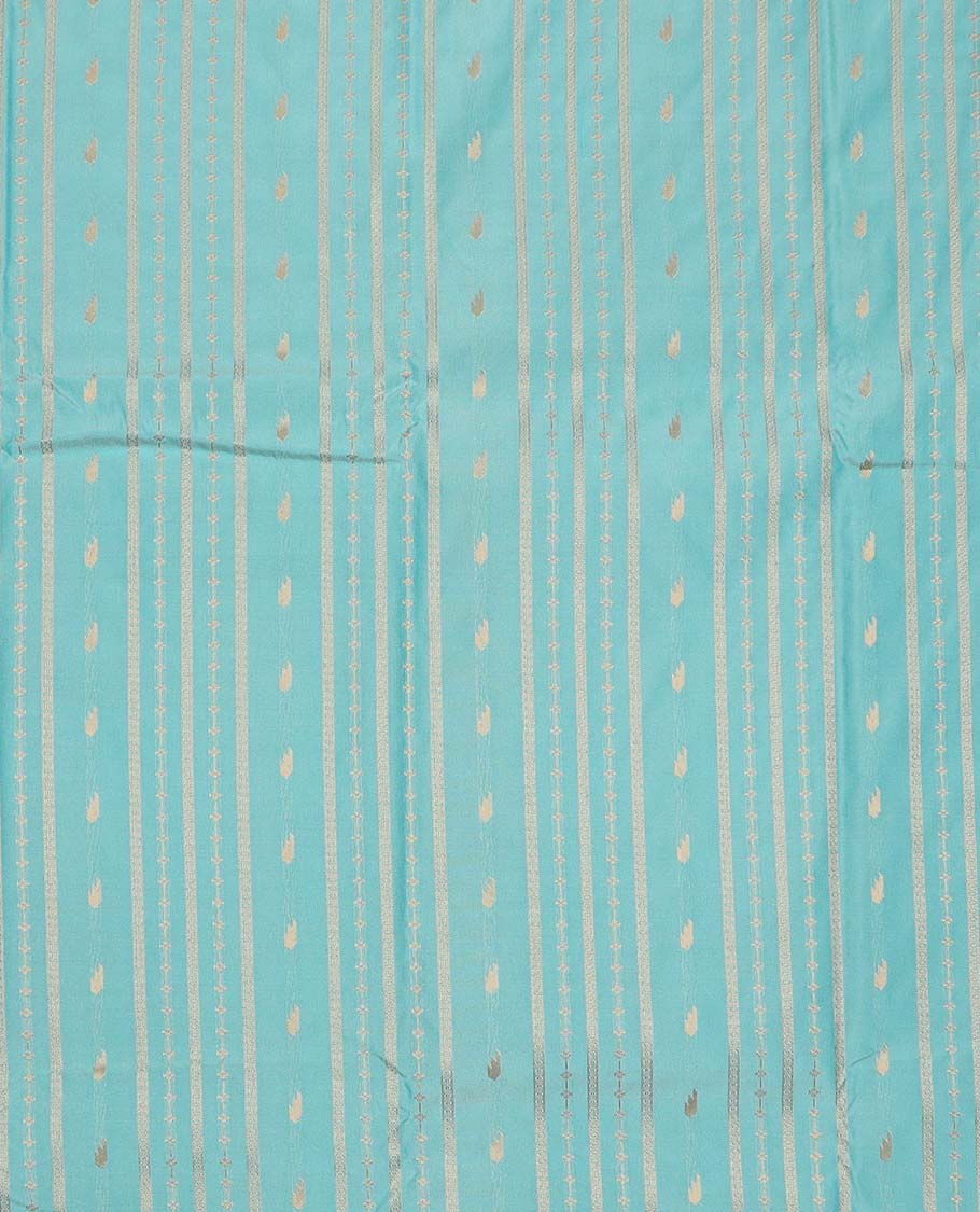 Turquoise art silk pavadai material, zari design with contrast traditional zari border skirt, and contrast blouse