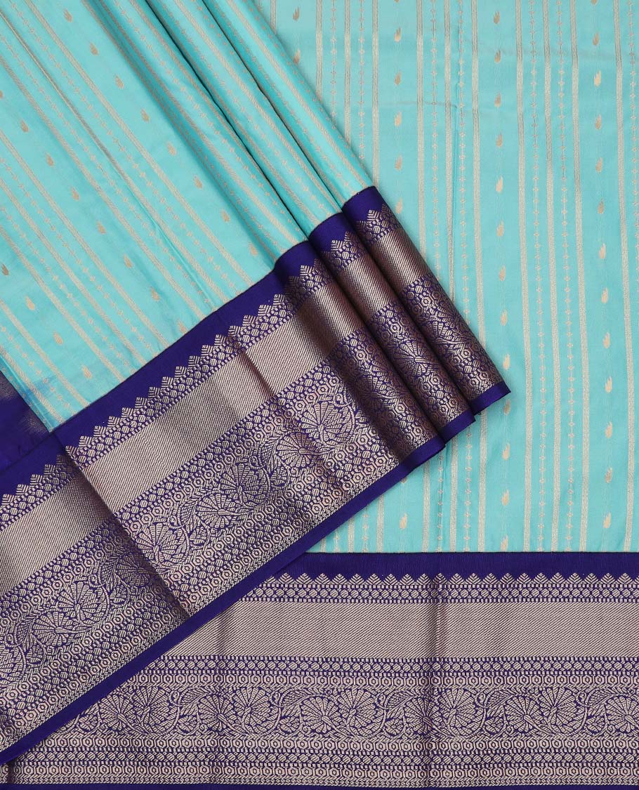 Turquoise art silk pavadai material, zari design with contrast traditional zari border skirt, and contrast blouse