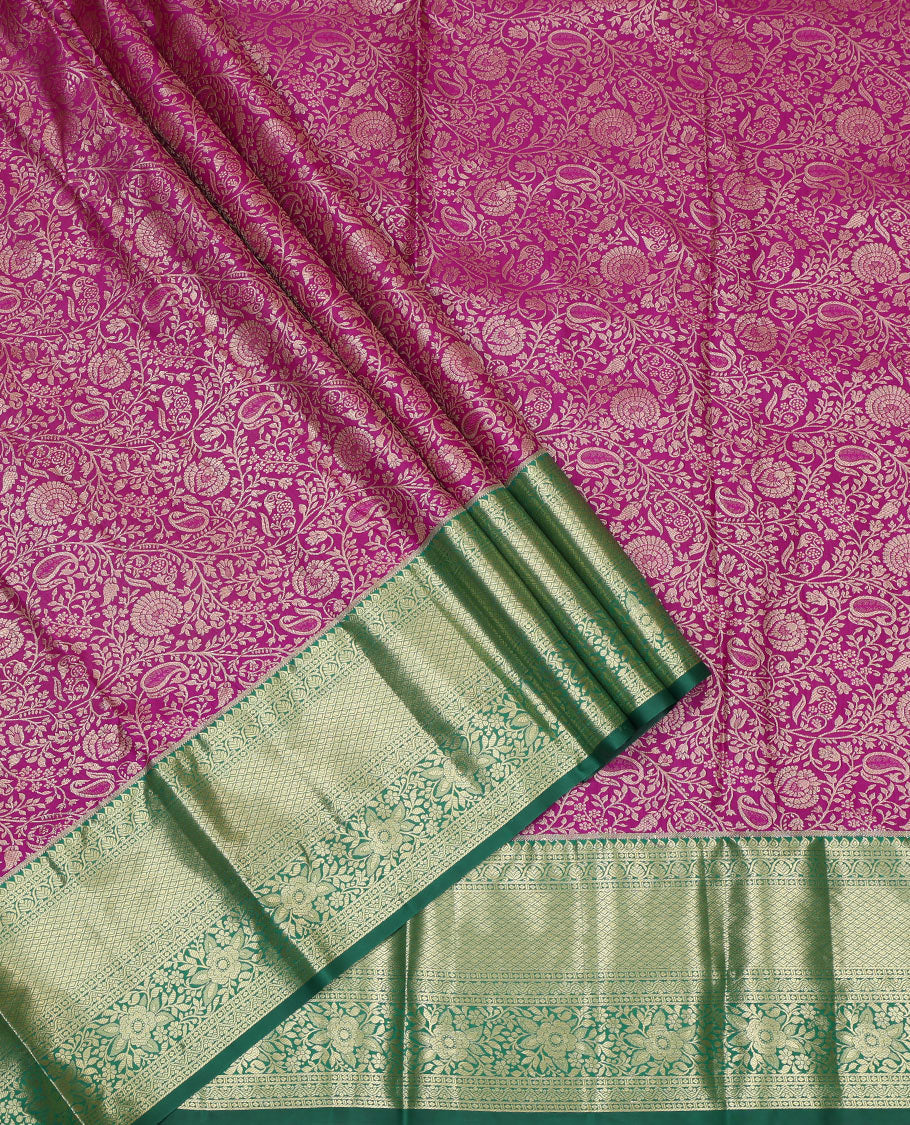 Purple Jacquard Art Silk Pavadai Material, Mesmerized with Contrast Traditional Border, Contrast Blouse