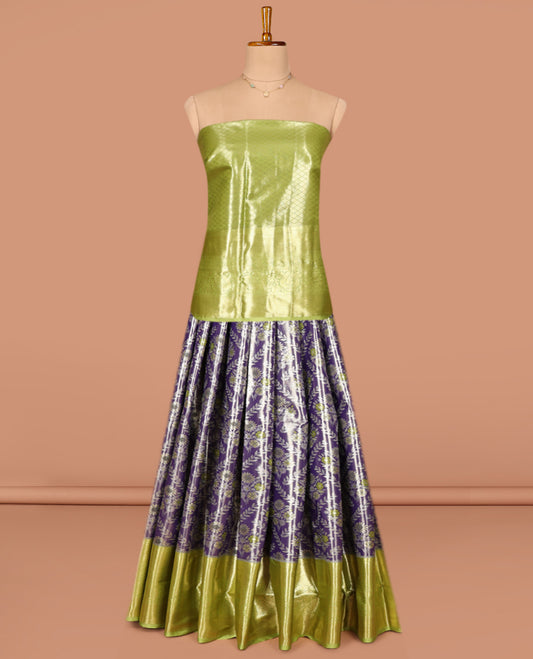 Blue Art Silk Pavadai Material Set, Majestically Detailed with Floral Jacquard on Its Skirt, Complemented by a Contrast Traditional Zari Designs Border, and Paired with a Contrast Jacquard Blouse
