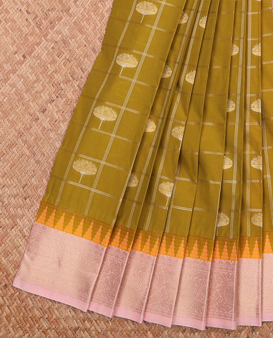 Green Budget Silk Saree Elevated with Floral Buttas Enclosed Checks, Highlighted with a Contrast Traditional Zari Design Temple Border, Subtly Woven Jaal Pallu, and a Contrast Blouse