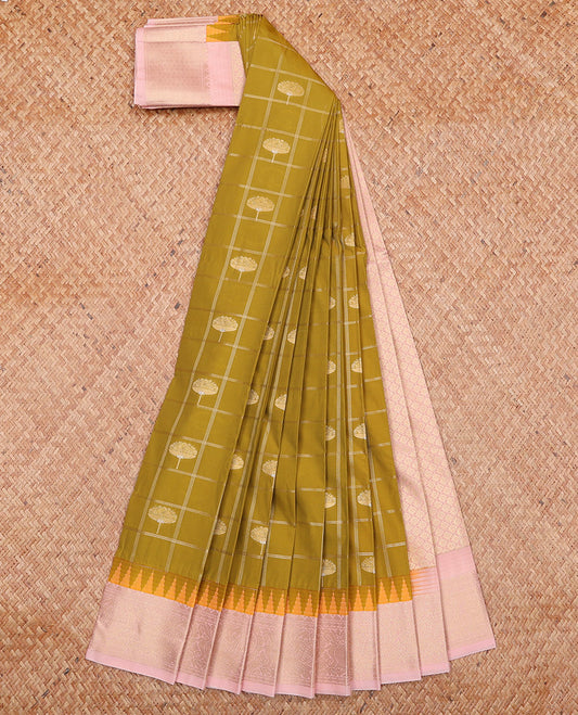 Green Budget Silk Saree Elevated with Floral Buttas Enclosed Checks, Highlighted with a Contrast Traditional Zari Design Temple Border, Subtly Woven Jaal Pallu, and a Contrast Blouse