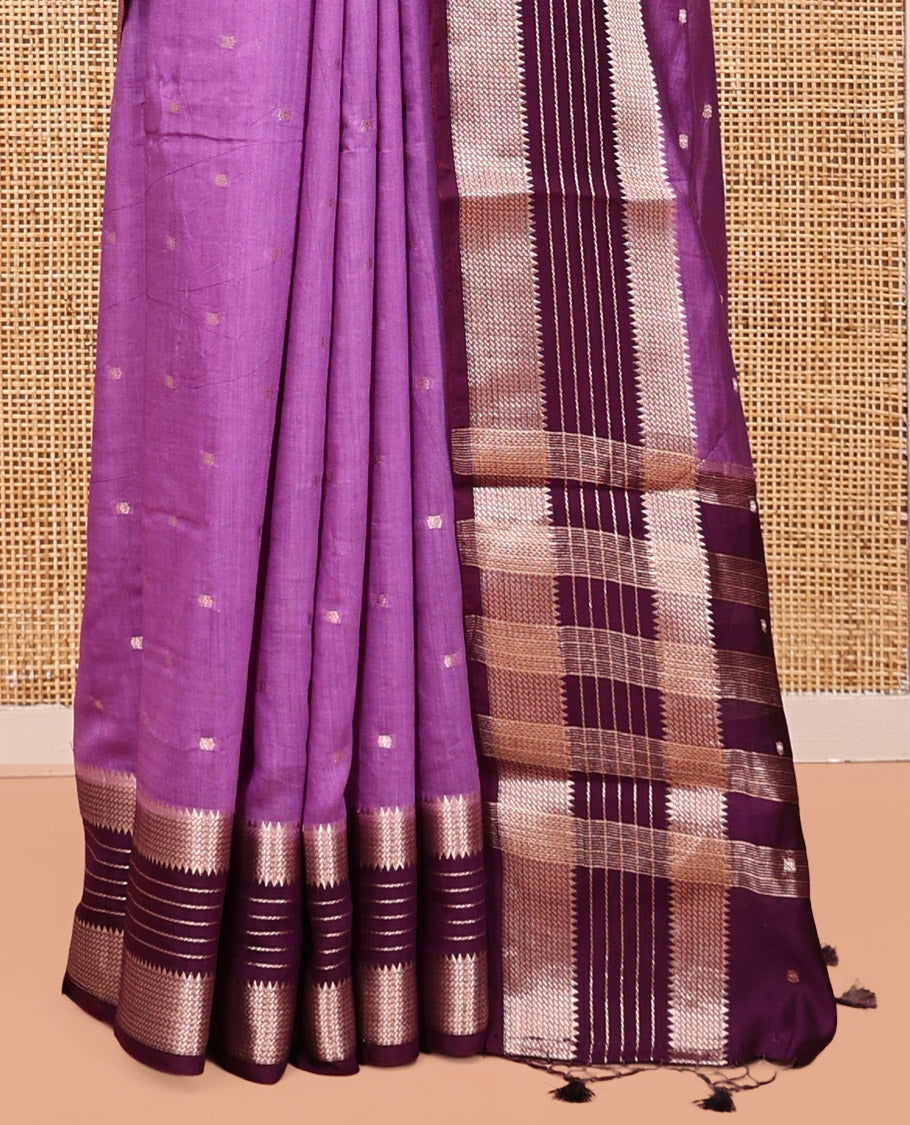 Light Purple Assam Silk Saree, Embellished with Zari Buttas, Complemented by a Contrast Traditional Zari Border, Striped Pallu, and a Contrast Blouse