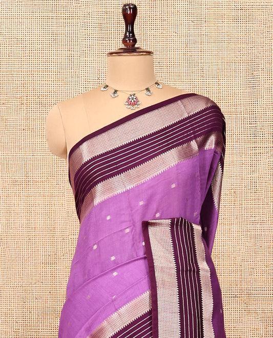 Light Purple Assam Silk Saree, Embellished with Zari Buttas, Complemented by a Contrast Traditional Zari Border, Striped Pallu, and a Contrast Blouse