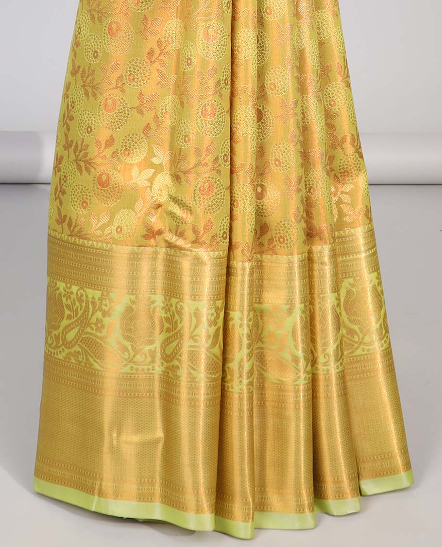 Yellow  floral jacquard budget silk saree with contrast floral zari border & pallu of paisley design