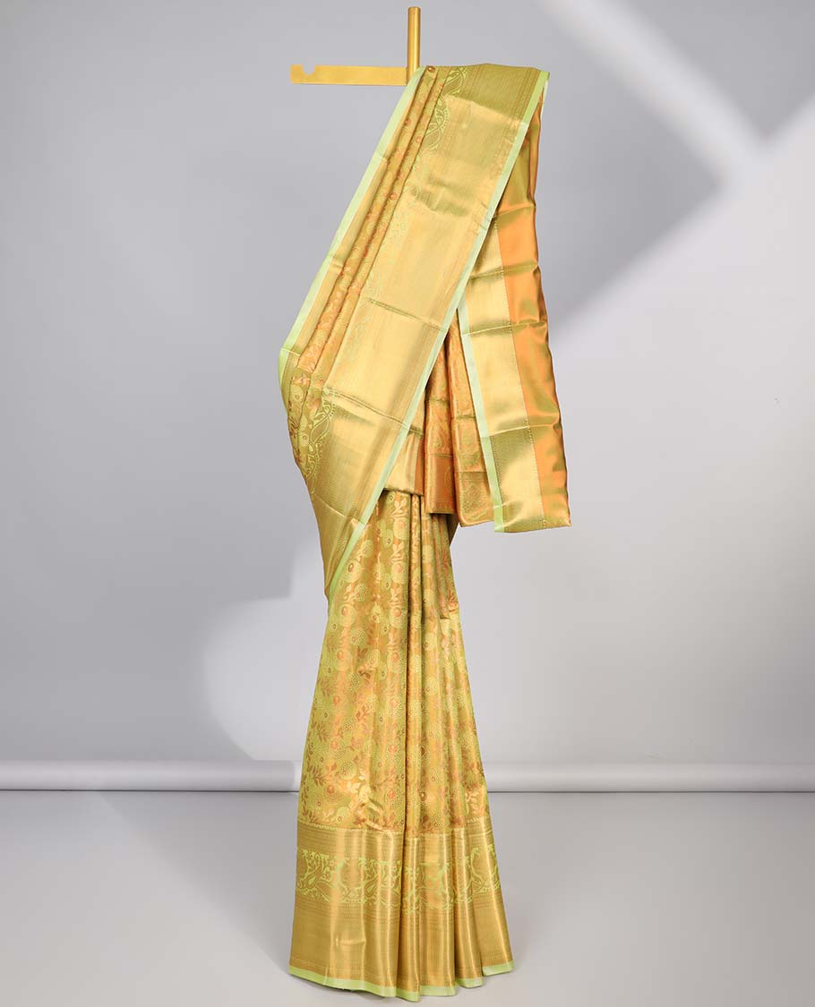 Yellow  floral jacquard budget silk saree with contrast floral zari border & pallu of paisley design