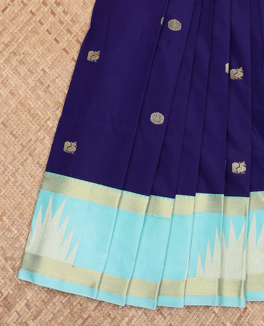 Blue peacock chakram motifs budget silk saree, contrast traditional zari border, and jaal pallu