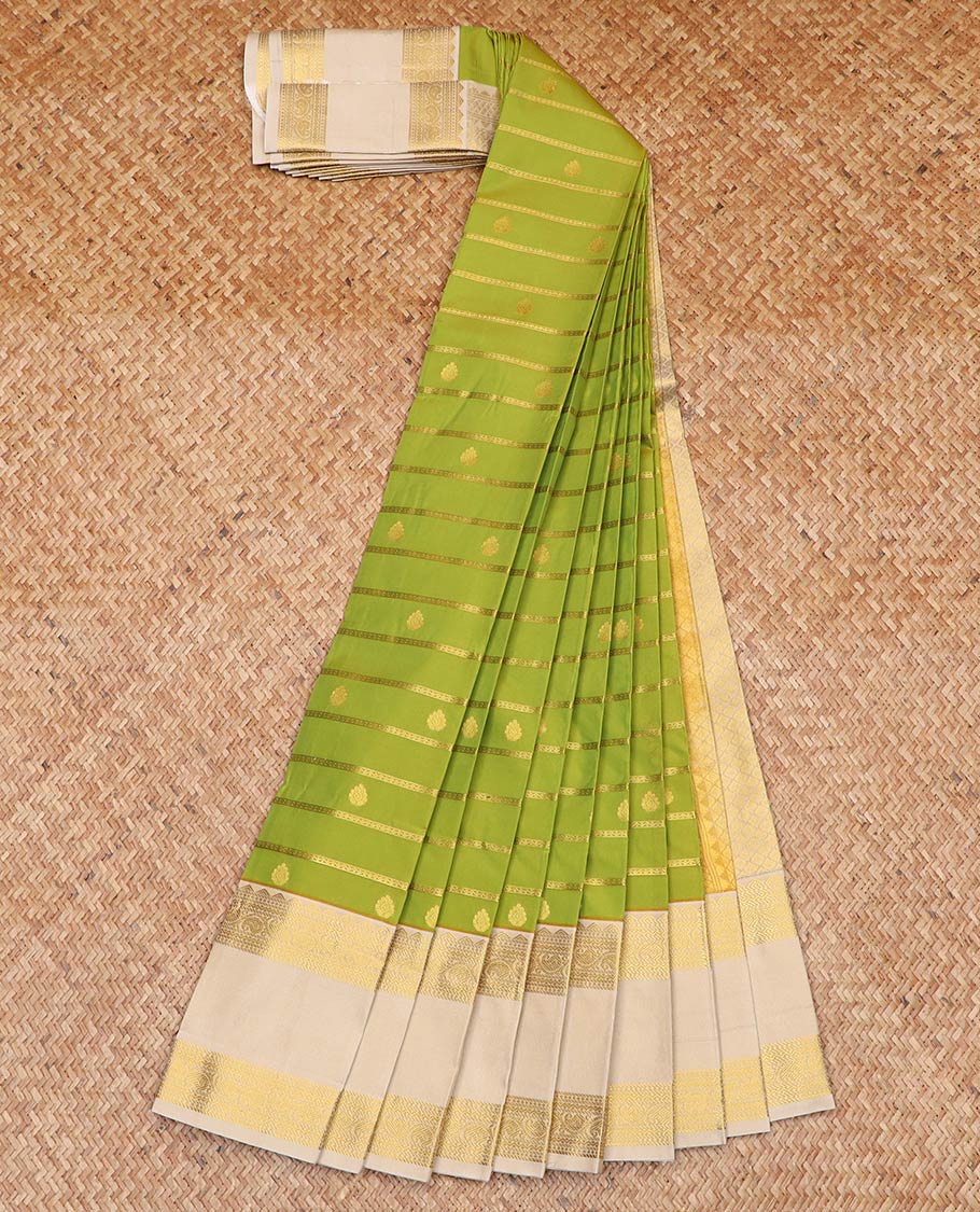 Green zari buttas and striped gift saree, contrast traditional zari rettai pettu border, and jaal pallu