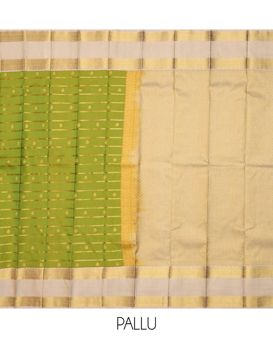 Green zari buttas and striped gift saree, contrast traditional zari rettai pettu border, and jaal pallu