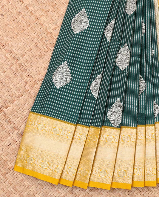 Green stripes and buttas budget silk saree, contrast traditional zari design border, and jaal pallu