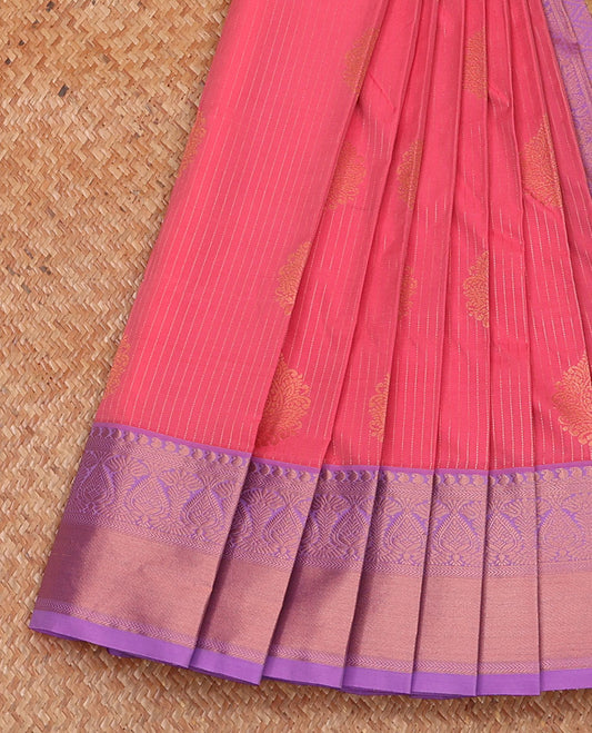Pink stripes and zari buttas budget silk saree, contrast traditional zari design border, and jaal pallu