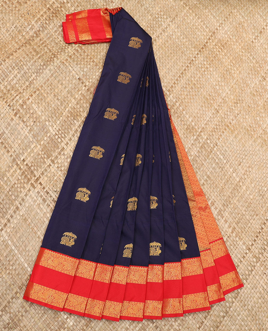 Blue Budget Silk Saree Detailed with Peacock Buttas, Complemented by a Contrast Traditional Zari-Rettai Pettu Border, Featuring a Pallu Elevated with Diagonal Stripes, and Paired with a Contrast Blouse