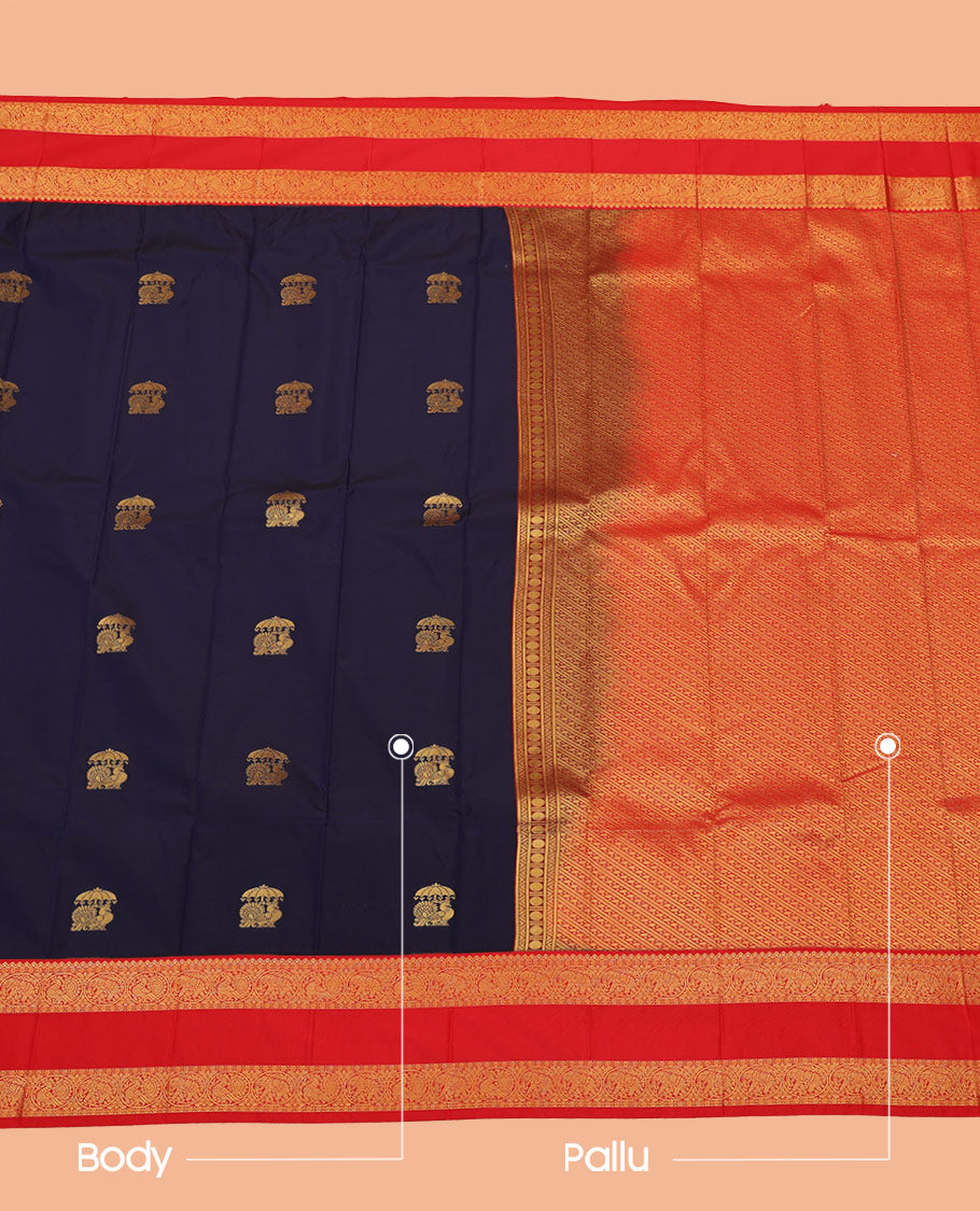 Blue Budget Silk Saree Detailed with Peacock Buttas, Complemented by a Contrast Traditional Zari-Rettai Pettu Border, Featuring a Pallu Elevated with Diagonal Stripes, and Paired with a Contrast Blouse