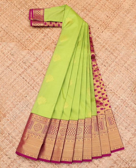 Parrot Green Budget Silk Saree, Features Zari Buttas on Its Body, Complemented by a Contrast Traditional Zari Design Border, Pallu of Floral Design, and Paired with a Contrast Blouse