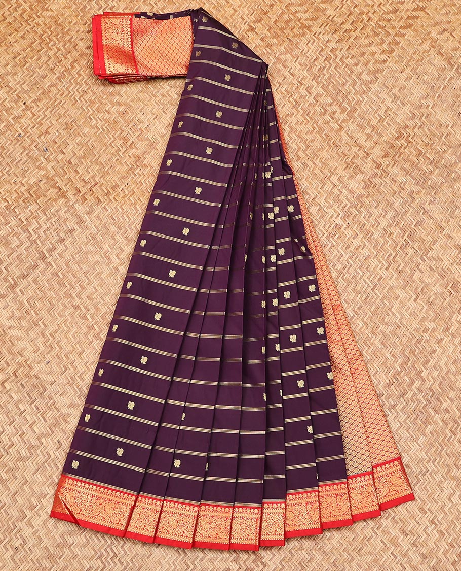Lavender Budget Silk Saree, Finely Crafted with Zari Buttas and Zari Stripes on Its Body, Complemented by a Contrast Peacock Zari Design Border, Grand Jaal Pallu, and Paired with a Contrast Blouse