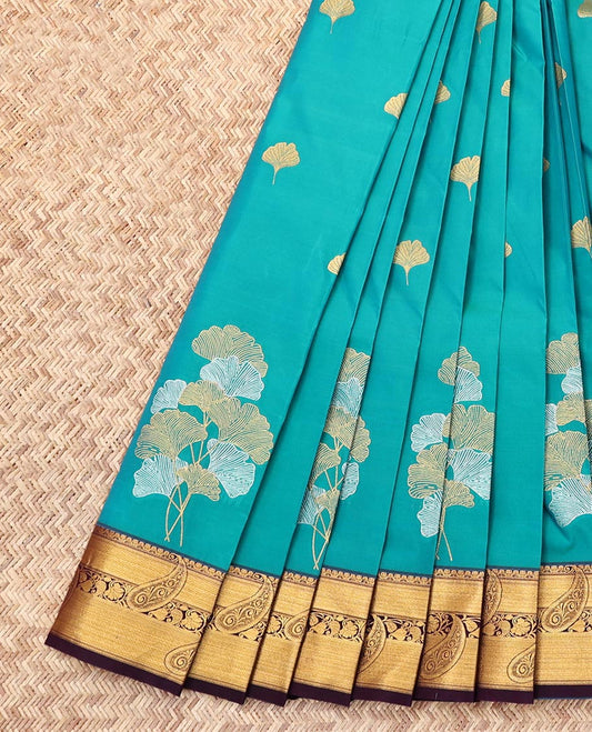 Blue Budget Silk Saree, Adorned with Zari Buttas, Complemented by a Contrast Paisley Zari Border, Grand Pallu, and a Contrast Blouse