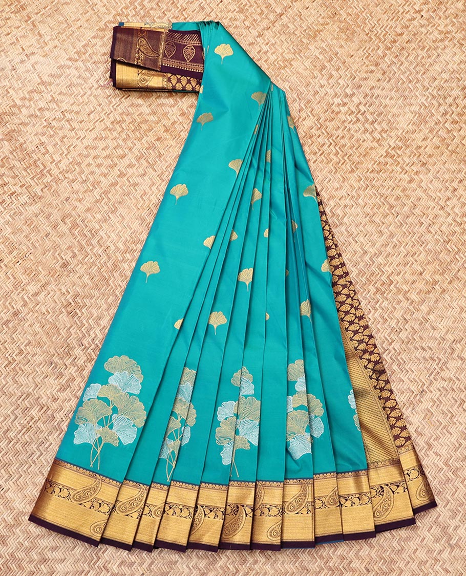 Blue Budget Silk Saree, Adorned with Zari Buttas, Complemented by a Contrast Paisley Zari Border, Grand Pallu, and a Contrast Blouse