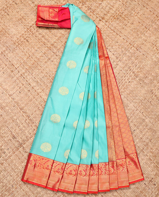 Blue Budget Silk Saree, Subtly Sparkled with Zari Buttas, a Contrast Traditional Zari Border, Jaal Pallu, and a Contrast Blouse