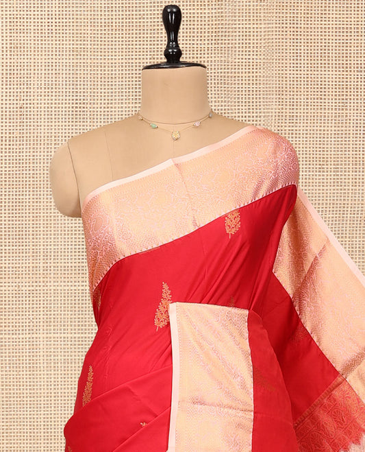 Red Budget Silk Saree, Elevated with Zari Buttas, Complemented by a Contrast Traditional Zari Border, Grand Pallu, and Contrast Blouse