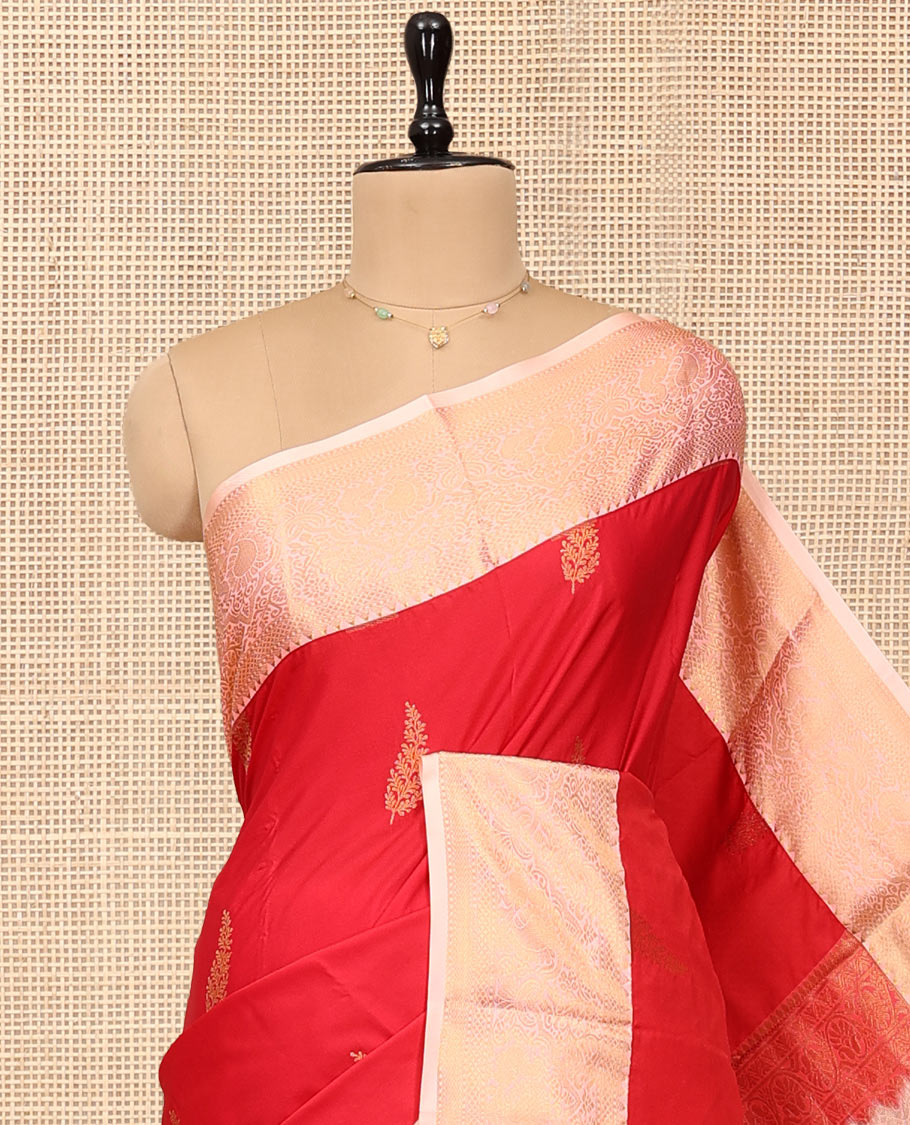 Red Budget Silk Saree, Elevated with Zari Buttas, Complemented by a Contrast Traditional Zari Border, Grand Pallu, and Contrast Blouse