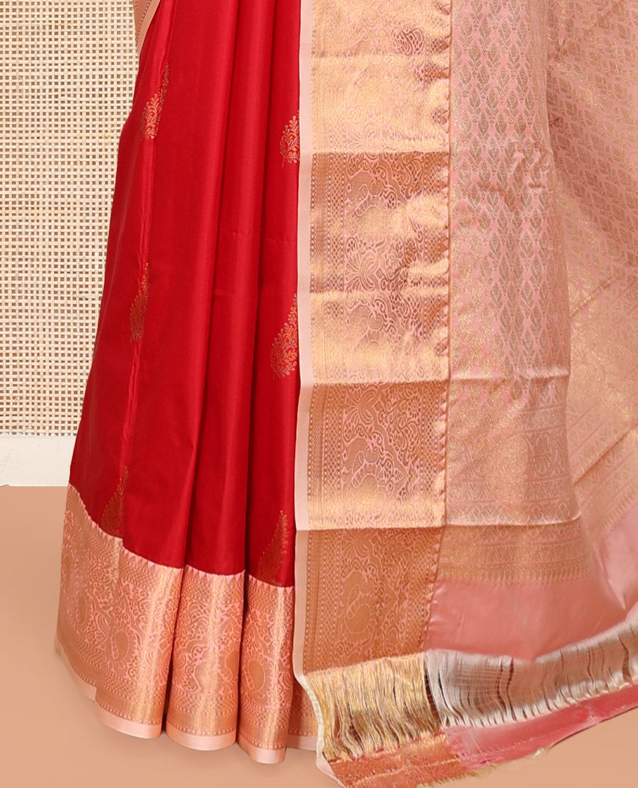 Red Budget Silk Saree, Elevated with Zari Buttas, Complemented by a Contrast Traditional Zari Border, Grand Pallu, and Contrast Blouse