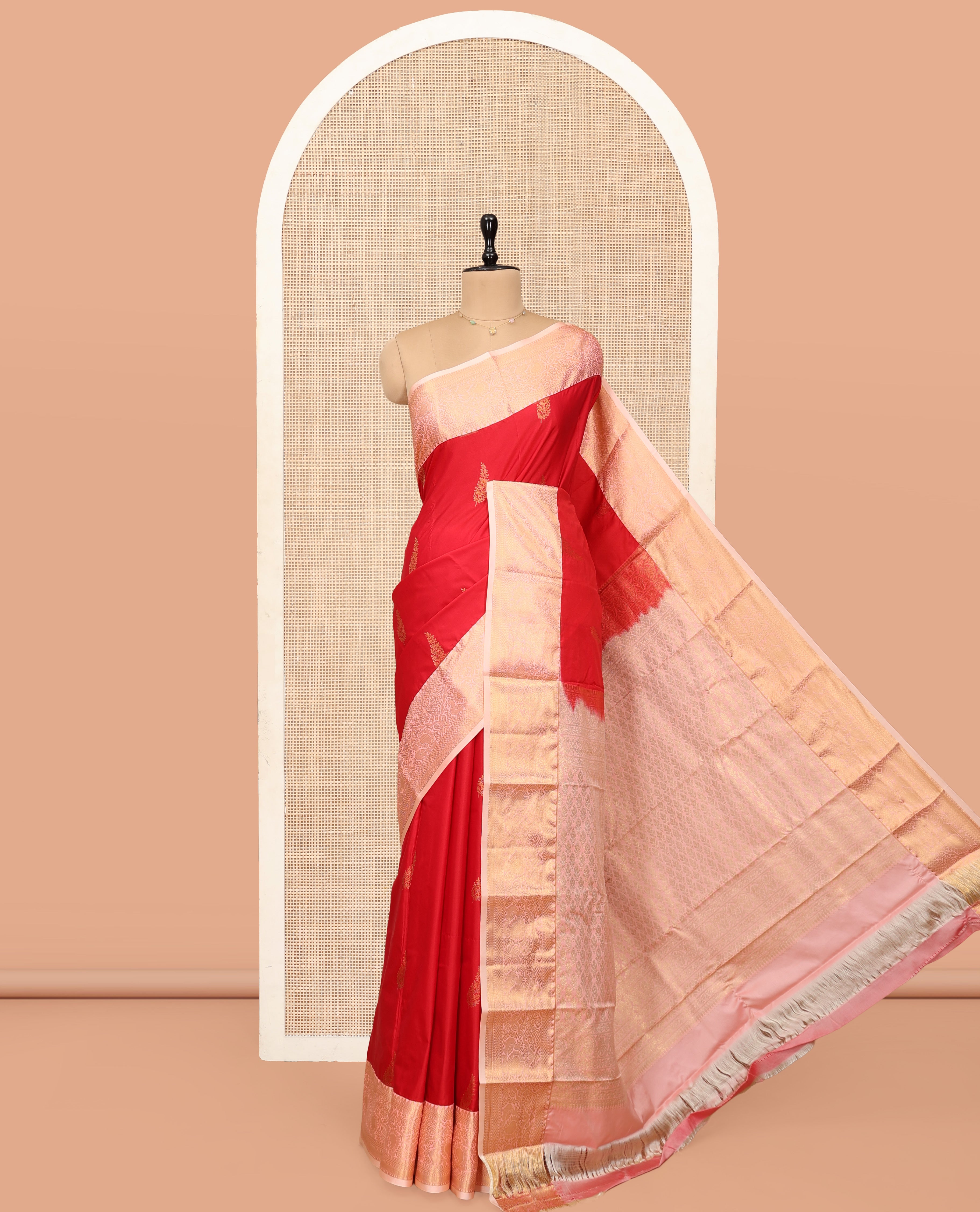 Red Budget Silk Saree, Elevated with Zari Buttas, Complemented by a Contrast Traditional Zari Border, Grand Pallu, and Contrast Blouse