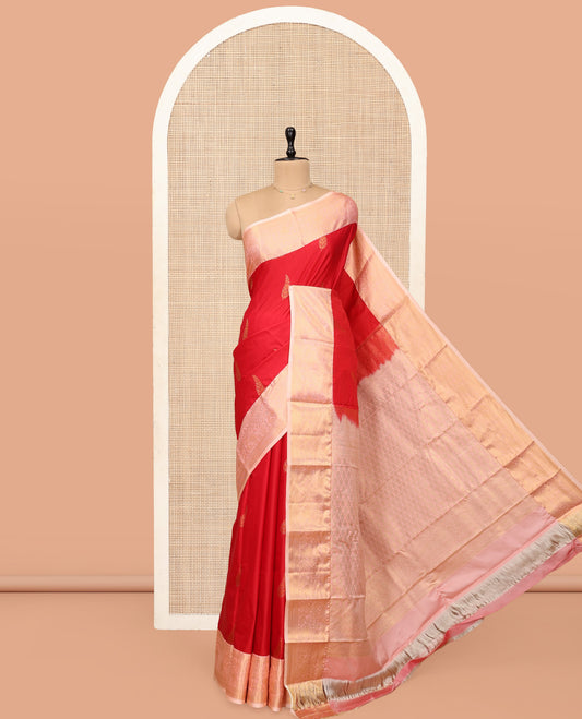 Red Budget Silk Saree, Elevated with Zari Buttas, Complemented by a Contrast Traditional Zari Border, Grand Pallu, and Contrast Blouse