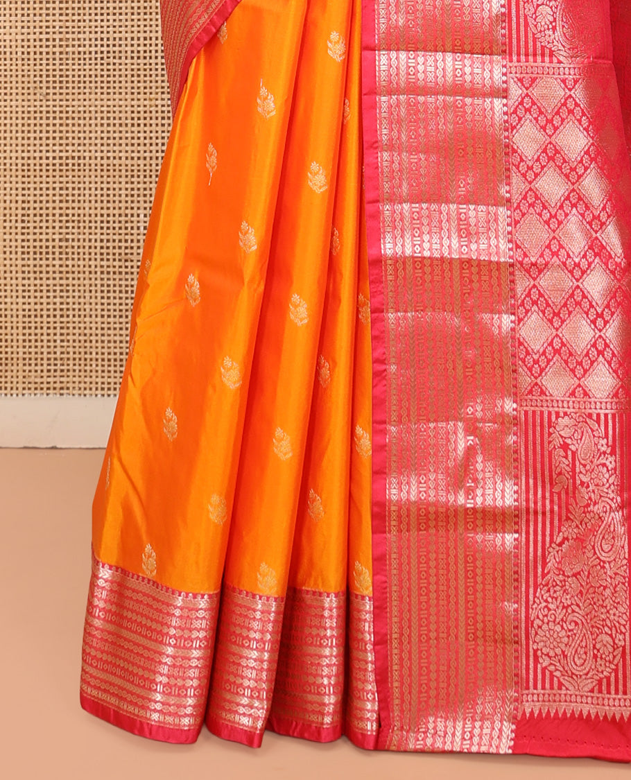 Orange Budget Silk Saree, Graced with Zari Buttas, Complemented by a Contrast Traditional Zari Border, Pallu of Jaal and Paisleys, and Contrast Blouse