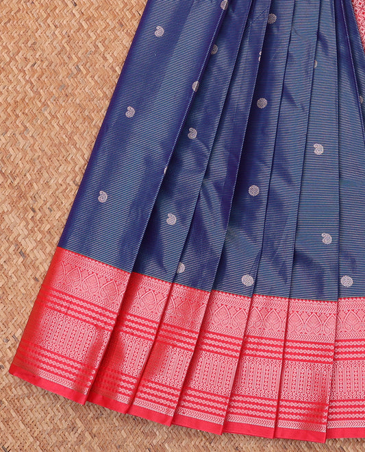 Blue Budget Silk Saree, Subtly Enriched with Zari Buttas and Stripes All Over Its Body, Complemented by Contrast Traditional Zari Designs Woven Border, Grand Jaal Pallu and Paired with a Contrast Blouse