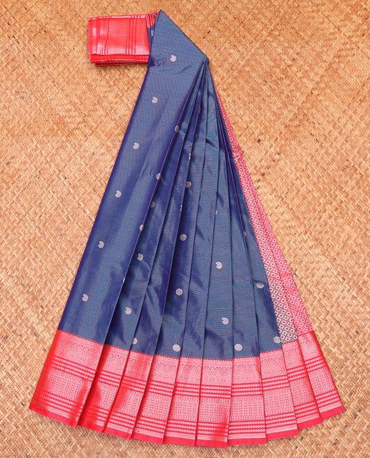 Blue Budget Silk Saree, Subtly Enriched with Zari Buttas and Stripes All Over Its Body, Complemented by Contrast Traditional Zari Designs Woven Border, Grand Jaal Pallu and Paired with a Contrast Blouse