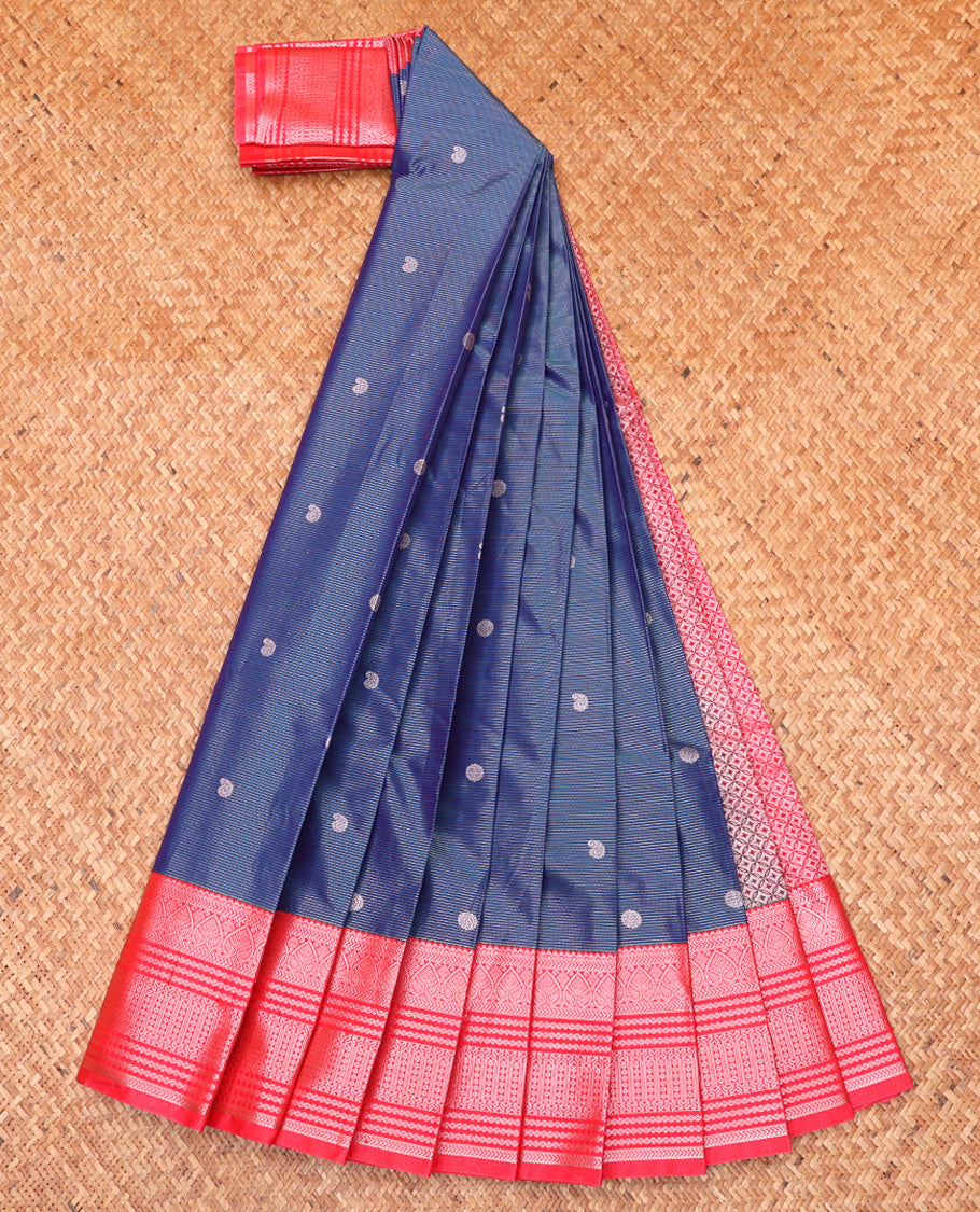 Blue Budget Silk Saree, Subtly Enriched with Zari Buttas and Stripes All Over Its Body, Complemented by Contrast Traditional Zari Designs Woven Border, Grand Jaal Pallu and Paired with a Contrast Blouse
