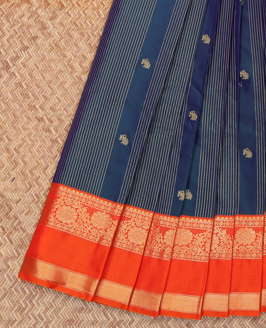 Blue Budget Silk Saree, Dazzled with Zari Buttas and Zari Stripes All Over Its Body, Complemented by a Contrast Traditional Zari Design Rettai Pettu Border, Intricate Pallu, and Paired with a Contrast Blouse