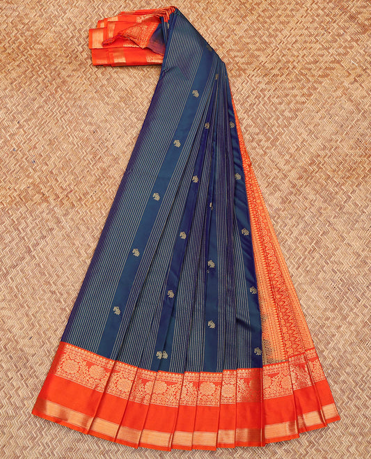 Blue Budget Silk Saree, Dazzled with Zari Buttas and Zari Stripes All Over Its Body, Complemented by a Contrast Traditional Zari Design Rettai Pettu Border, Intricate Pallu, and Paired with a Contrast Blouse