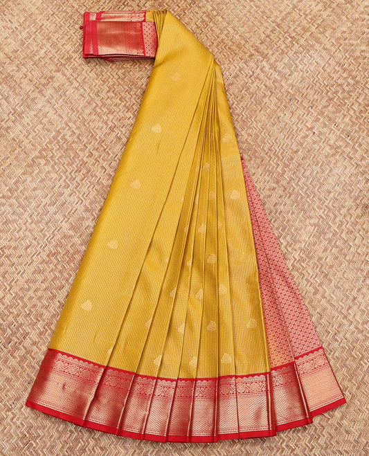 Yellow Budget Silk Saree, Showcasing Zari Buttas and Stripes on Its Body, Complemented by a Contrast Traditional Zari Design Border, Grand Jaal Pallu, and Paired with a Contrast Blouse