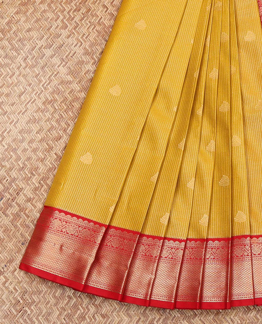 Yellow Budget Silk Saree, Showcasing Zari Buttas and Stripes on Its Body, Complemented by a Contrast Traditional Zari Design Border, Grand Jaal Pallu, and Paired with a Contrast Blouse
