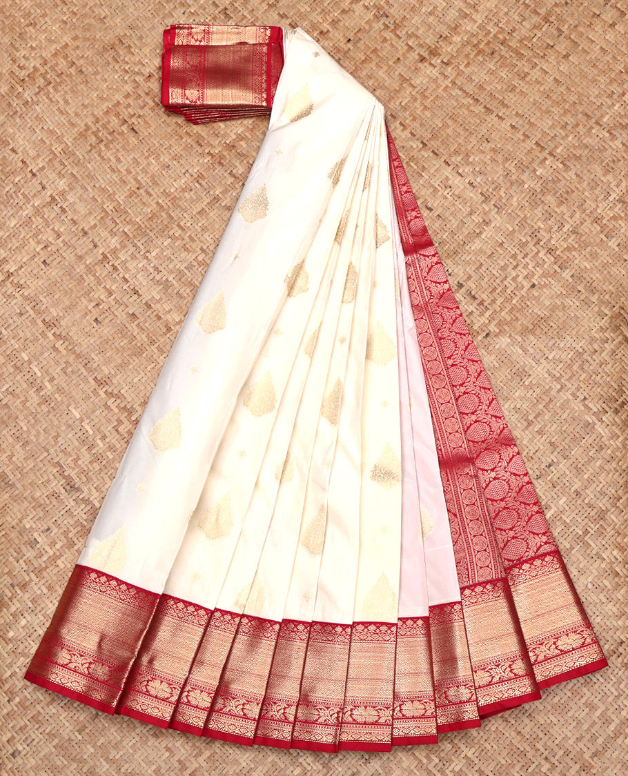 Cream Budget Silk Saree, Enthralled with Zari Buttas All Over Its Body, Complemented by Contrast Traditional Zari Design Border, Grand Pallu, and Paired with a Contrast Blouse