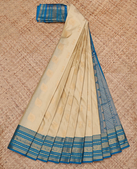 Sandal Budget Silk Saree, Subtly Sparkled with Zari Buttas All Over Its Body, Complemented by a Contrast Traditional Zari Border, Grand Pallu, and Paired with a Contrast Blouse