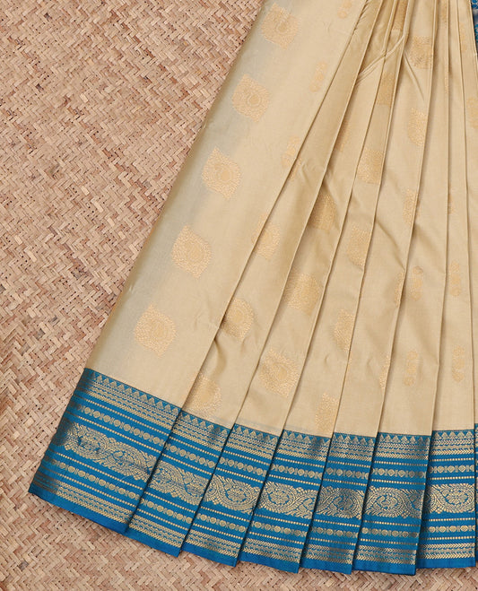 Sandal Budget Silk Saree, Subtly Sparkled with Zari Buttas All Over Its Body, Complemented by a Contrast Traditional Zari Border, Grand Pallu, and Paired with a Contrast Blouse