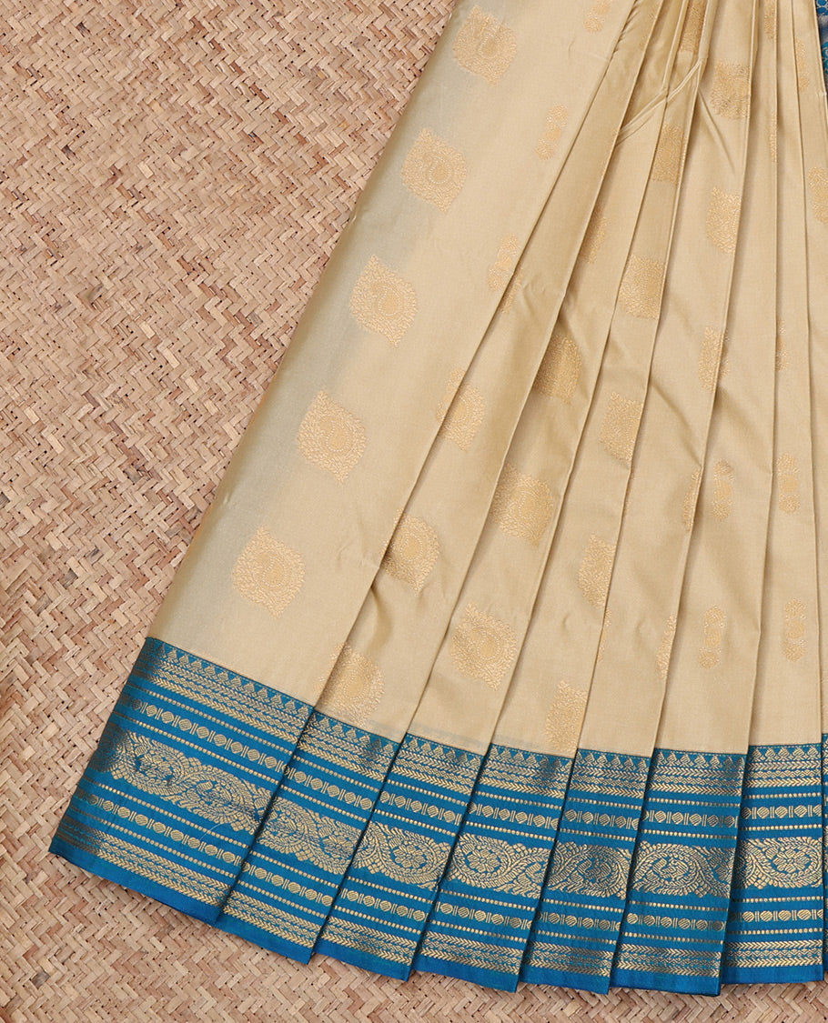 Sandal Budget Silk Saree, Subtly Sparkled with Zari Buttas All Over Its Body, Complemented by a Contrast Traditional Zari Border, Grand Pallu, and Paired with a Contrast Blouse