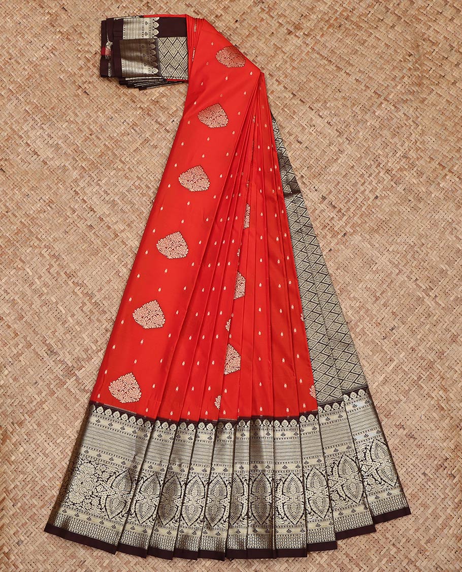 Red Budget Silk Saree, Elevated with Zari Butta  on Its Body, Complemented by a Contrast Traditional Zari Design Border, Grand Jaal Pallu, and Paired with a Contrast Blouse