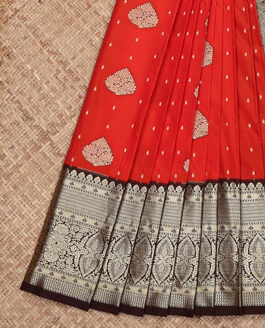 Red Budget Silk Saree, Elevated with Zari Butta  on Its Body, Complemented by a Contrast Traditional Zari Design Border, Grand Jaal Pallu, and Paired with a Contrast Blouse
