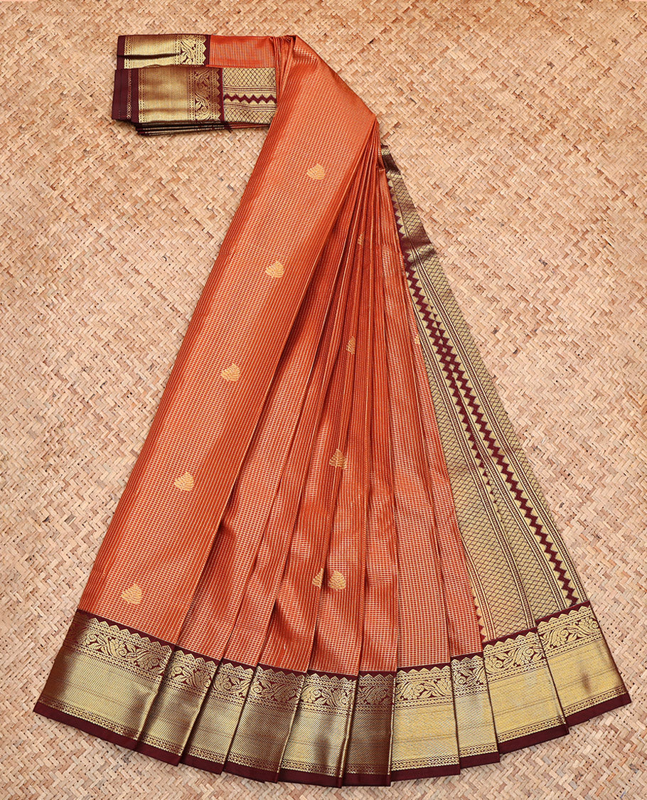 Dark Orange Budget Silk Saree, Finely Crafted with Zari Buttas and Micro-Checks, Contrast Traditional Zari Border, Geometric-Patterned Pallu, and a Contrast Blouse