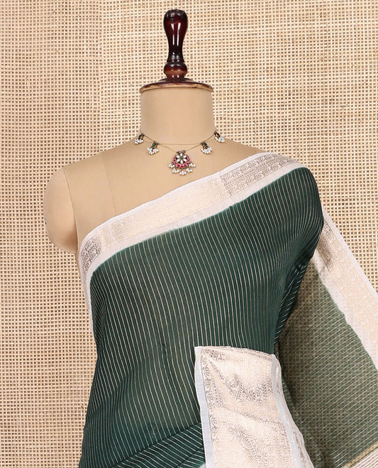 Green Assam Silk Saree, Beautifully Bedecked with Stripes, Contrast Traditional Zari Border, Zari-Striped Pallu, and a Contrast Blouse