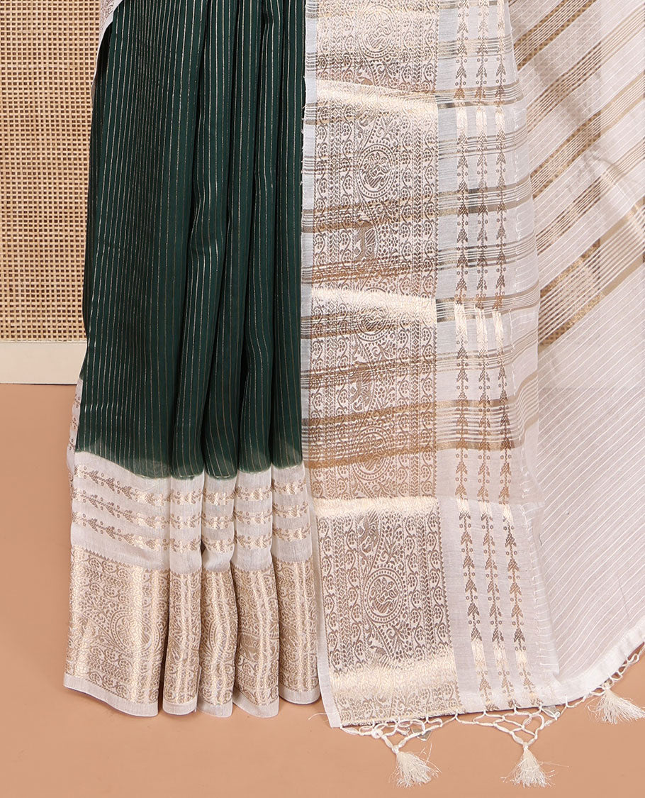 Green Assam Silk Saree, Beautifully Bedecked with Stripes, Contrast Traditional Zari Border, Zari-Striped Pallu, and a Contrast Blouse