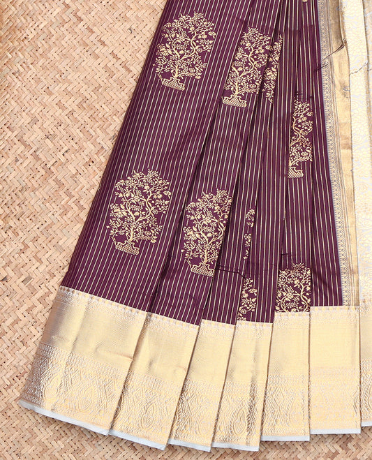 Maroon Budget Silk Saree, Adorned with Zari Buttas and Stripes, Contrast Traditional Zari Border, Jaal Pallu, and a Contrast Blouse