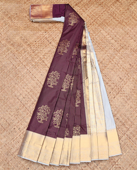 Maroon Budget Silk Saree, Adorned with Zari Buttas and Stripes, Contrast Traditional Zari Border, Jaal Pallu, and a Contrast Blouse
