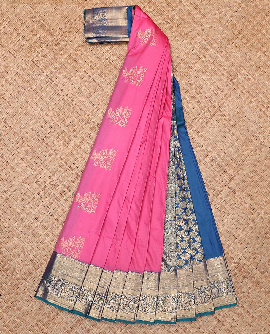 Pink Budget Silk Saree, Bedecked with Zari Buttas, Complemented by Contrast Traditional Zari Border, Grand Pallu and a Contrast Blouse